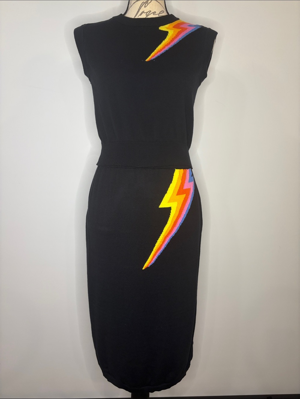 OXknit sweater knit skirt and top set multi color lightning bolt L